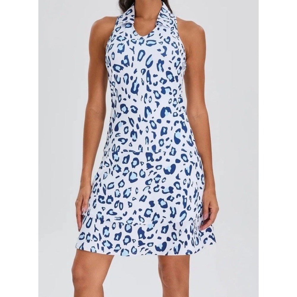 Soneven Blue Leopard V-Neck Racerback Sleeveless Dress W/ Shorts Golf Dress NEW